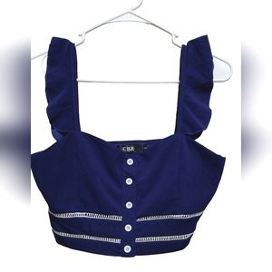 CBR Blue Crop Top w Ruffle Sleeves & White Accents, Size Small